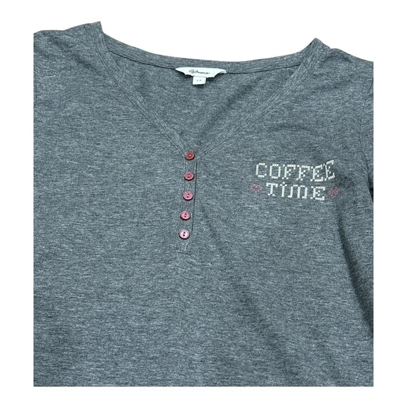 Reitmans Shirt Womens Small Gray Long Sleeve Coffee Time Henley Graphic Top - Picture 2 of 8